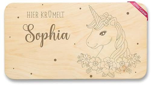 Frühstücksbrettchen Holz Natur - Einhörner - Hier krümelt Name Einhornkopf I Einhorn Geschenke Kinder für Mädchen Unicorn - 22x12 - Holz - personalisierte kinderbrettchen und kind brettchen