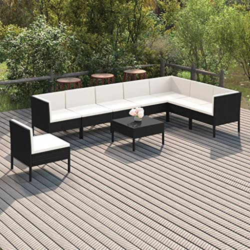 QZZCED Gartenmöbel-Sets Terrassengarnitur Garten-Loungemöbel Balkonmöbel-Set 9-TLG. Garten-Lounge-Set mit Auflagen Poly Rattan Schwarz für Garten, Terrasse und Balkon