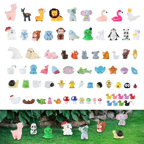 100 Stück Mini Tierfiguren Harz Spielzeug Set Ornamente Ente Löwe Elefant Elch Dinosaurier Miniatur Figuren Landschaft Aquarium Geschenk Geburtstag Tortendeko für Jungen Mädchen Party Mitgebsel