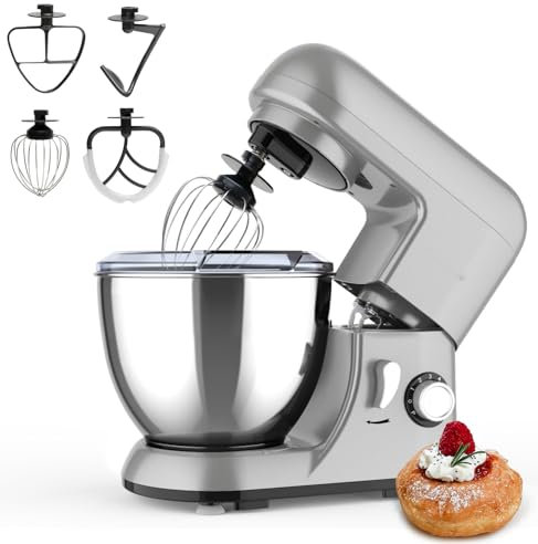 Robot pastelero, 4 l, robot pastelero, 1300 W, cocina, 6 velocidades, regulable, con cuenco de 4 l, de acero inoxidable, gancho para petersador, batidora*2, batidor de alambre, para pastelería (color