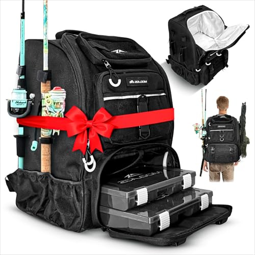 Zaloom Waterproof Fishing Backpack with Tackle Boxes, Rod Holder & Foldable Net - 45L Fishing Tackle Bag with Trays Included, Extra Storage Gear and Equipment, Rain Cover, Fisherman Gift for Men