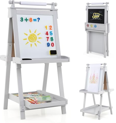 GYMAX Wooden Kids Easel, Height Adjustable Toddler Easel with Whiteboard, Chalkboard, Paper Roll, Storage Trays & 3 Paint Cups, Foldable Drawing Board Stand for 3 Years Old+ (Grey)