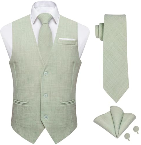 DiBanGu 4PCS Mens Suit Vest Linen Solid Color Vest for Men Wedding Casual Waistcoat Necktie Pocket Square Cufflinks S-3XL, Sage Green, Medium