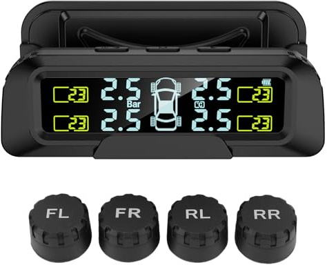 Tyre Pressure Monitoring System TPMS, Solar and Type-C Charging, Pressure Monitor with 4 External Sensors, Low Battery Alarm for Car SUV MPV Off-Road Vehicle