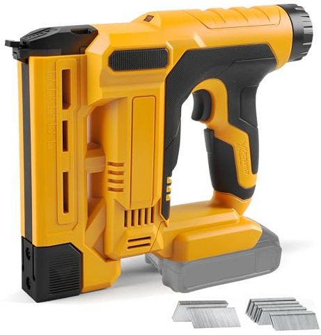 Roadtime 18GA Pistola de clavos con luz led para DeWalt 20V Batería (sin batería), Grapadora sin cable con ajuste de profundidad, incl 1000 clavos de 3/4 pulgadas y 1000 pinzas de 3/4 pulgadas