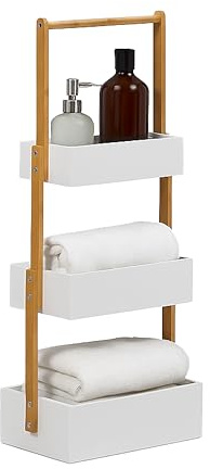 BRINDEK Estantería organizadora de bambú con 3 cestos Blancos | Estantería Estrecha Auxiliar para baño y Cocina | Mueble Organizador Madera barnizada Resistente a Humedad | Montaje fácil y rápido