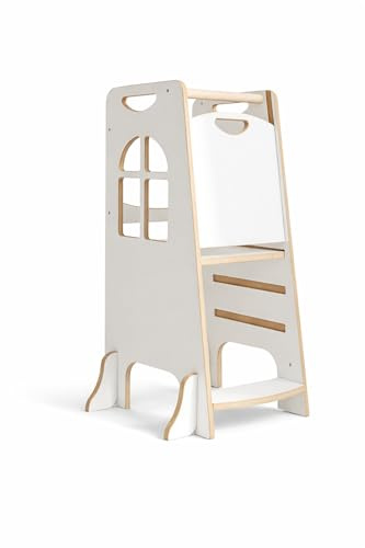Torre de Aprendizaje Montessori para Bebés y Niños – Torre de Aprendizaje Infantil Ajustable con 3 Alturas seguras, Blanco/Pino Soportes Laterales Antivuelco y Panel de Seguridad Trasero