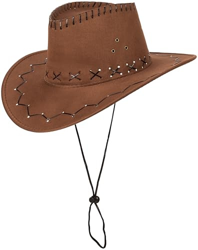 SCIPPIS Westernhut Clint – Cowboyhut für Karneval, Fasching & Mottoparty mit Kinnriemen – Einheitsgröße – Schwarz/Braun/Rot/Pink (Braun)