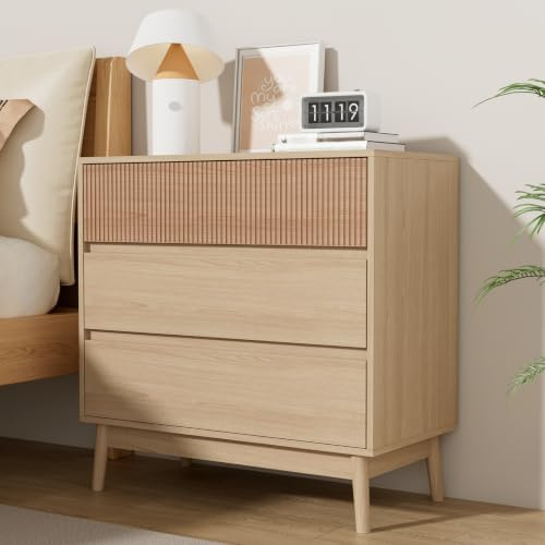 VOWNER Commode 3 tiroirs en Bois, Meuble de Rangement sans Poignée | Commode pour Chambre à Coucher, Salon, 80 x 40 x 80 cm, Fini Naturel