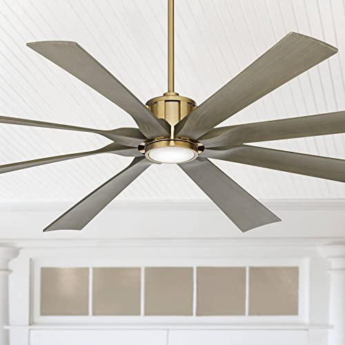 Possini Euro Design 70 Defender Modern Outdoor Ceiling Fan with Dimmable LED Light Remote Control Soft Brass Weathered Oak Blades Damp Rated for Patio Exterior House Porch Gazebo Garage Barn