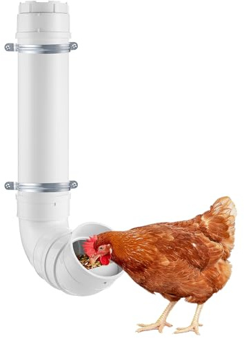 MEWTOGO Automatischer Hühner-Futterspender ohne Abfall – 3 kg Kapazität, Robustes PVC-Rohr, Hühnerstall-Futterstation, Geflügel-Schwerkraft-Futteranschluss für Hühnerstall für Lange Fütterung