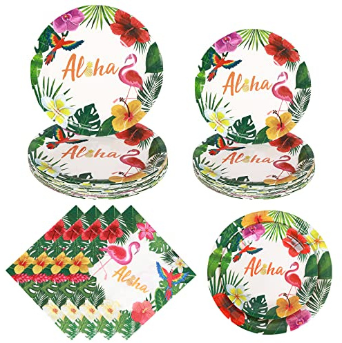 Gukasxi Juego de vajilla hawaiana Aloha de 72 piezas, 24 invitados, platos y servilletas de postre hawaianos Aloha, fiesta, cena, postre, juego de vajilla de papel Luau Tropical Tiki Summer Pool