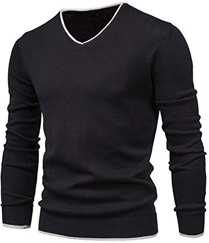 Feziakuk - Maglione da uomo con scollo a V, a maniche lunghe, invernale, basic, caldo, maglione da lavoro, top autunnale, Nero , XL