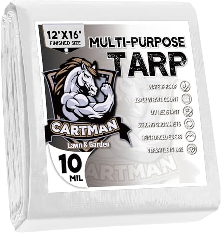 CARTMAN Finished Size 12x16 Feet 10 Mil White Heavy Duty Poly Tarp, Multipurpose Protective Cover, UV Resistant, Waterproof Poly Tarpaulin with Reinforced Edges Tarpaulin with Reinforced Edges