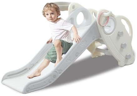 hoopyosms 3-in-1 Kinderrutsche, Faltbar Babyrutsche mit Basketballkorb, Gartenrutsche Kinderrutsche Outdoor, Rutsche Indoor ab 1-3 Jahre, Grau