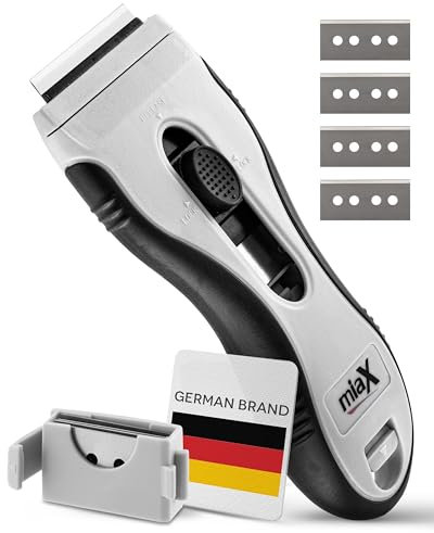 miaX Premium Grattoir Universel 2.0 – Grattoir pour le nettoyage des surfaces plates, équipé de 8 lames de rechange intégrées – idéal pour plaques vitrocéramiques, inductions, vitres