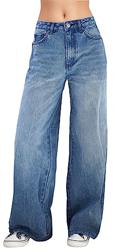 Jean femme taille haute jambe large casual jeans baggy y2k streewear droite semi-evasé hanche pantalon large fluide jeans wide leg couleur délavée effet usé jeans coupe boyfriend pants (Blue, XXL)