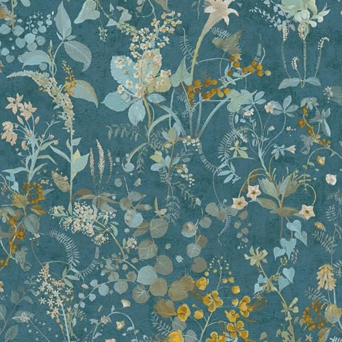 Profhome Floral Wallpaper 388253-GU Non-Woven Wallpaper Blue Yellow Green Teal 0.53 m x 10.05 m / 5.33 sqm
