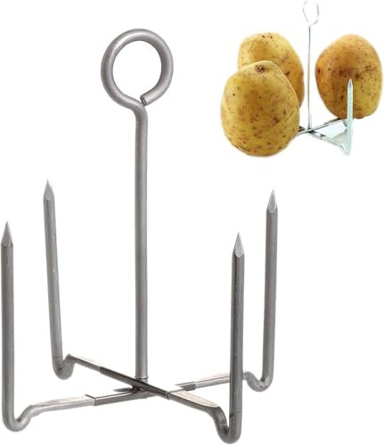 Folding Oven Baked Spiked Jacket Potato Baker – 4 Spikes Potato Cooker Stand with Tray & Steamer – Durable Potato Baking Tool for Even Cooking – Aluminium, 12 x 14.5 cm, Silver