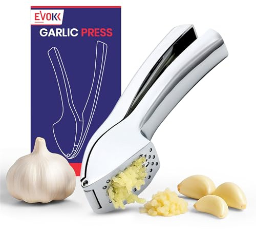 EVOKK Stainless Steel Garlic Press – No Peeling Premium Garlic Presser, Easy Clean Detachable Design, Dishwasher Safe Garlic Crusher for Fine Minced Garlic (Oval)