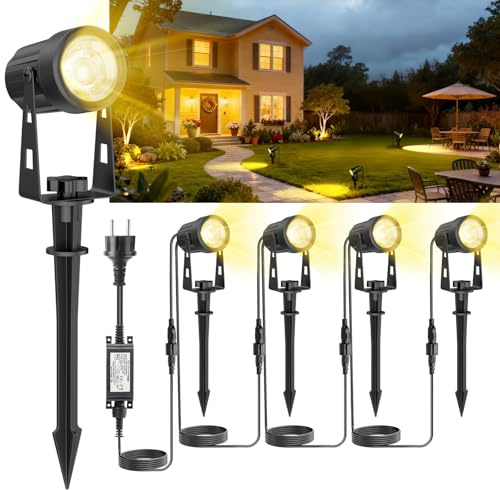 4 Gartenbeleuchtung LED, Gartenlampen für Draußen Strom mit Warmweiß 3000K, IP67 Wasserdichter, 14m 24V Gartenleuchten mit Adapter, Gartenstrahler für Terrasse, Gartenweg, Party, Rasen, Erdspieß