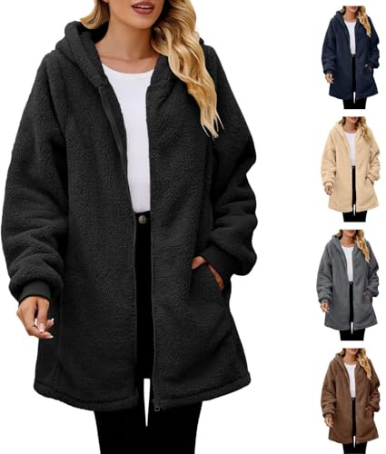 Couawaticy Womens Plain Hoodie Winter Warm Sherpa Lined Zip Up Hooded Sweatshirt Jacket Coat Cosy Soft Fleece Blanket with Pocket