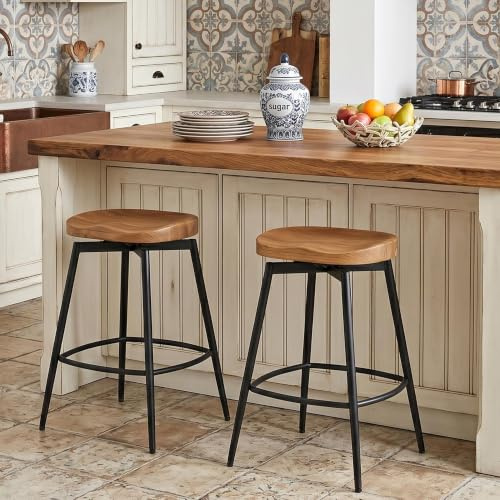 Zesthouse Breakfast Bar Stools Set of 2 with Solid Wood Saddle Seat | 360° Swivel, 136kg Capacity, 63.5cm Height, Adjustable Anti-slip Feet, Industrial Style, Metal Legs, for Home Bar Cafe