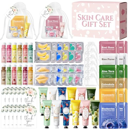 84 Piezas Set Regalo Mujer Skincare, Set Cuidado Facial Mujer, Incluye Mascarillas Faciales/Eye Patches/Mascarilla Labios/Labial Hidratante/Hand Cream/bolsitas de tela pequeñas/tarjetas regalo