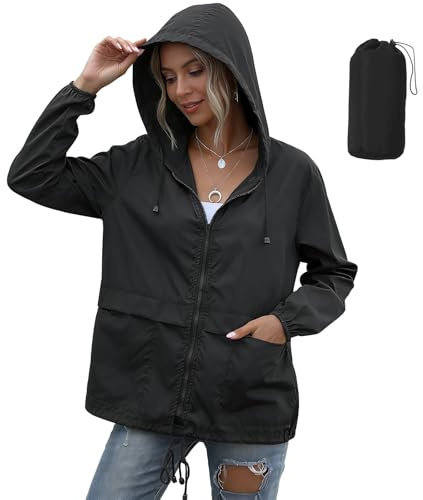 JiaYouLC Womens Lightweight Waterproof Jackets Packable Raincoat With Hoodie Waterproof Running Rain Jacket for Outdoor Walking Hiking (UK, Alpha, XXL, Regular, Regular, Black)