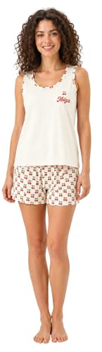 Essendo Pigiama Donna Cotone Corto Leggero Estivo - Pigiama Due Pezzi - Canotta e Pantaloncini in 100% Fresco Cotone - (IT, Testo, L, Regular, Regular, 1614 Panna)