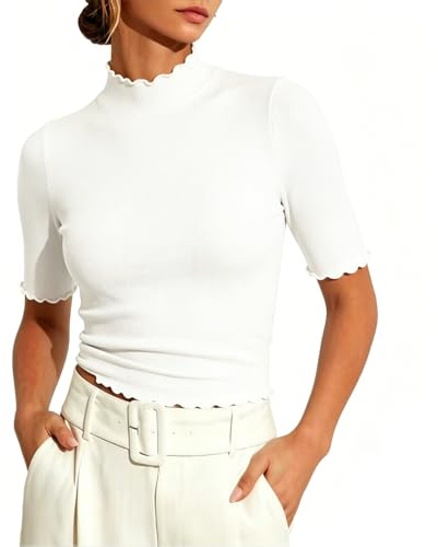 Dressmine Womens Tops Dressy Casual Summer T Shirts 3/4 Sleeve Rolled Edge Fashion Tee Fitted Ribbed Work Clothing
