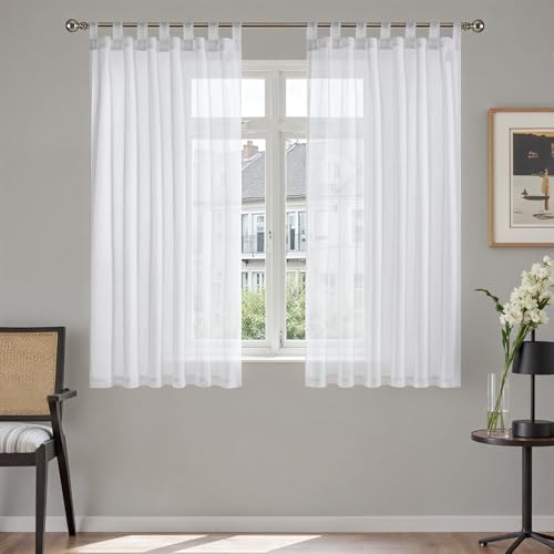 TOPICK Schlaufenschal 2er set Gardinen Wohnzimmer modern Schlaufengardinen vorhänge Schlafzimmer Gardinenschals Leinenoptik H145xB140 cm, Fenster Kurzgardinen mit Schlaufen Fertiggardinen Fenster Weiß