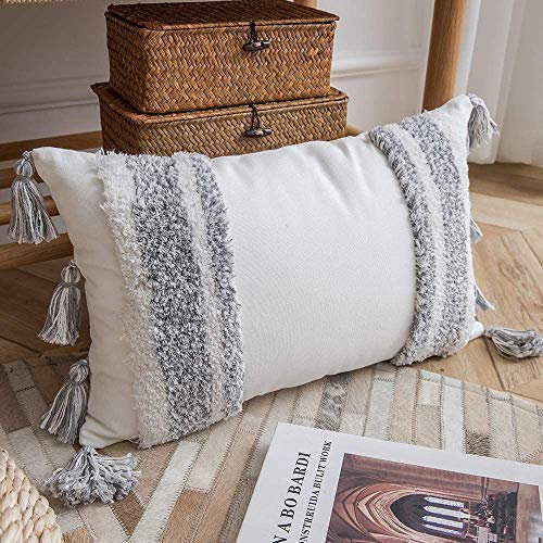 MOCOFO Funda de cojín con borlas Tejidas en Blanco y Gris con borlas, salón, Dormitorio y hogar (Barra Vertical Grande, 30x50cm)