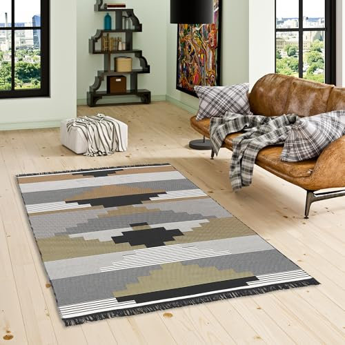 Pergamon Designer Teppich Beidseitig Flachgewebe Ethno Kelim Grau Beige Style, Teppich Läufer, Teppich Pflegeleicht und Waschbar in 5 Größen