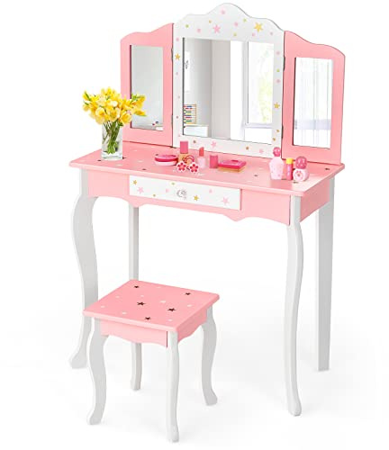 LIFEZEAL Toeletta per Bambina con Sgabello e Specchio a 3 Lembi, 2 in 1 Set di Tavolo da Trucco in Legno per Ragazze,Tavolino con Coperchio Rimovibile e Cassetto (rosa)