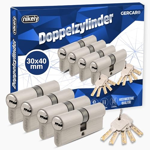 GERCAR Pro - Juego de 4 cilindros de cierre de perfil, 30/40, macizos, cilindro doble, cerradura de cilindra, de latón, mate, incluye 10 llaves - Llave reversible - Longitud: 70 mm, A:30 B:40-4x