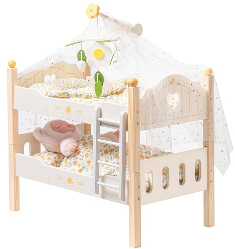 ROBOTIME Wooden Doll Bunk Bed, Dolls Cots Convertible Bed with Ladder and Bedding, for 18 inch Stackable Dolls Crib, Perfect Doll Accessories, Gift for Children, Wood Color