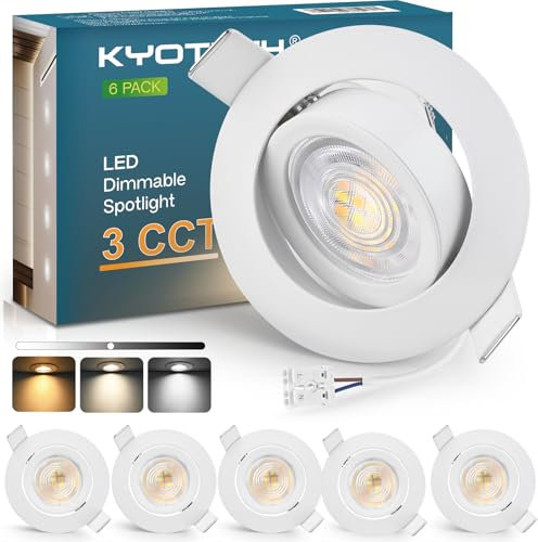 KYOTECH LED Einbaustrahler 230V Dimmbar 68-75mm, 5W LED Spot Ultra Flach 550LM, 3000K/4000K/6500K Deckenspots, 45° Schwenkbar Einbauleuchten, IP44 Einbauspots für Badezimmer Wohnzimmer, Weiß 6er Set