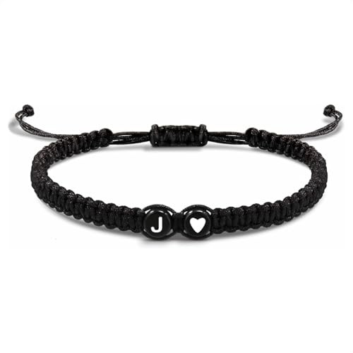 EVEMATE Bracelet with Letter and Heart for couples and friends - Initial A-Z name - Braided friendshipband for women, men and Children (J)