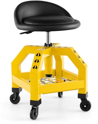 COSTWAY Taburete de Taller Rodante, Asiento de Mecánica Ajustable en Altura con Bandeja para Herramientas y 4 Ruedas Universales, Capacidad de 150 Kg, para Fábrica, Garaje y Taller (Amarillo)