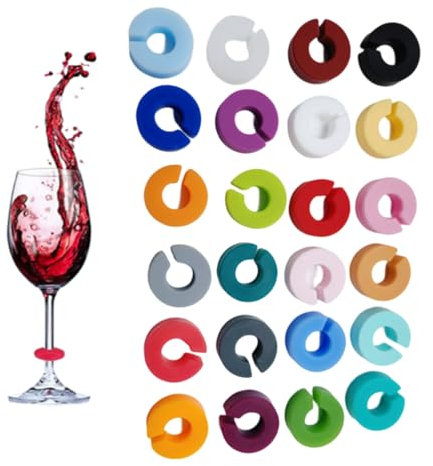 DaiUni 24 PCS Marque Verres Colorés,Silicone Réutilisable Marqueurs, réutilisable verre à vin en forme de C Marqueurs,de verre à vin multicolores pour verres à champagne Bar Party.