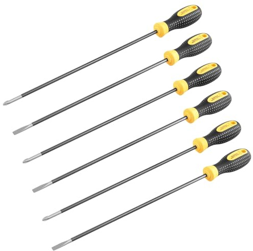 SINJEUN Juego de 6 destornilladores, 3 destornilladores Phillips y 3 destornilladores planos, 6 x 300 mm, longitud magnética