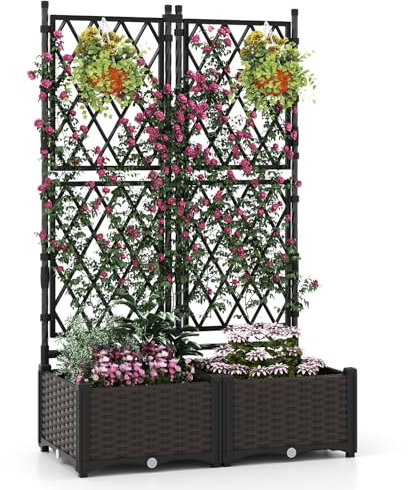 COSTWAY Blumenkasten mit Rankgitter, Metall & PP, Pflanzkasten für Kletterpflanzen, Hochbeet mit Spalier & Selbstbewässerung, Blumenkübel Garten Balkon, Gartenspalier Rankkasten, Schwarz, 80x40x120cm