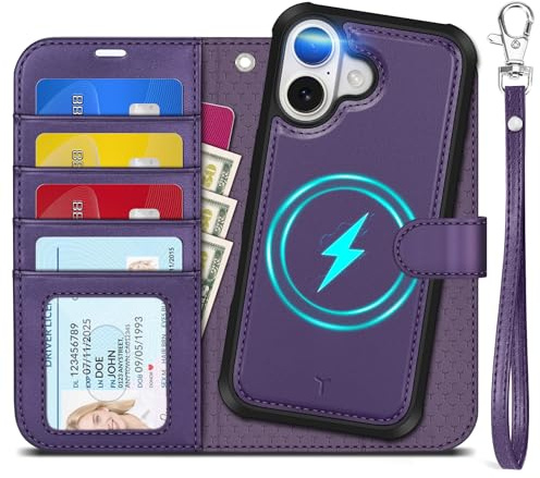TUCCH Fodral för iPhone 17 2025, [avtagbar] 2-i-1, Mörklila | Avtagbart, magnetiskt flipfodral, trådlös laddning, rem, stativ, RFID-skydd, 4 kortfack, PU-läder
