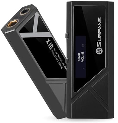 Surfans X10 bärbar hörlursförstärkare DAC Dongle – USB-C Hi-Res ljudadapter med ES9028Q2M ES9603Q, PCM 384 kHz/32bit, DSD256, 520 mW, 3,5 mm och 4,4 mm utgångar, för Android/iOS/PC/Mac (svart)