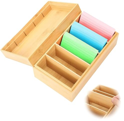 Cnwinu Scatola per schede in legno, formato A7, 22 cm x 12,6 cm x 9 cm, in legno, con coperchio, cassetta vocabolario con 4 divisori rimovibili, per schede di apprendimento, formato A7, per ufficio