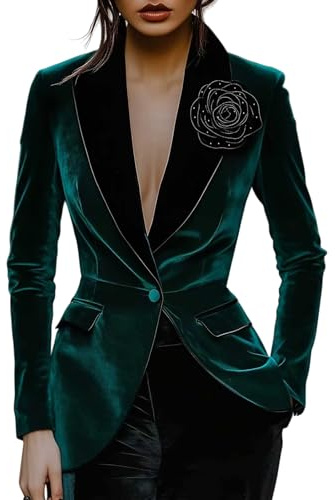 Blazer Donna Blazer in Velluto Verde da Donna Elegante Pesante con Applicazioni Floreali 3D Blazers Cappotto Vintage con Revers A Scialle Completamente Foderato Giacca da Abito con 1 Bottone per Uff