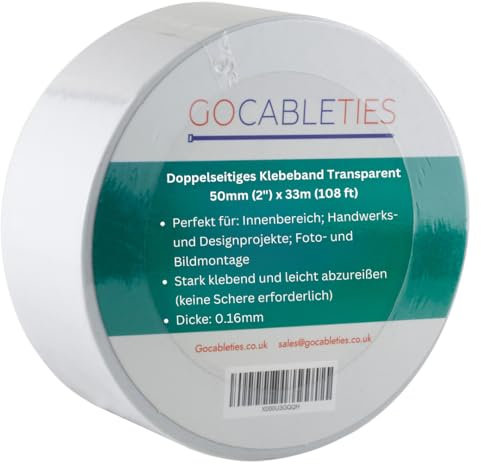 Gocableties Clear Double Sided Tape, 50mm (2”) x 33m, Strong Wide Double Sided Sticky Tape for Craft, Scrapbooking and Mounting Photos, 1 Roll