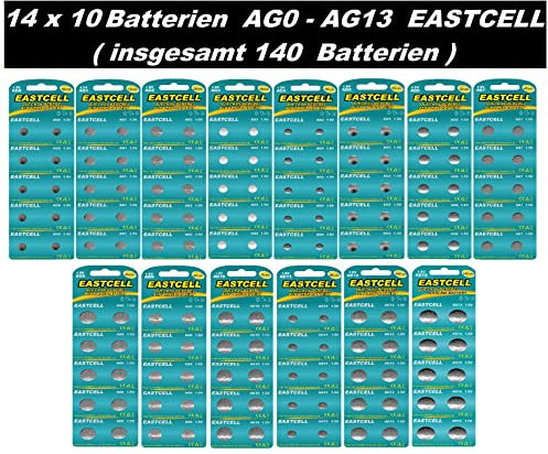 Set AG AG0-AG13 (14 Blistercards a 10 Batterien) je AG0 AG1 AG2 AG3 AG4 AG5 AG6 AG7 AG8 AG9 AG10 AG11 AG12 Ag13 EINWEG EASTCELL