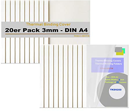 TUKA 20x A4 Carpetas Térmicas de 3 mm (Capacidad 30 Hojas), Fundas para Encuadernación Térmicas, Frente Transparente, Cubierta de Encuadernación Térmica, Paquete de 20, Blanco, TKD9200-A4-white-20x